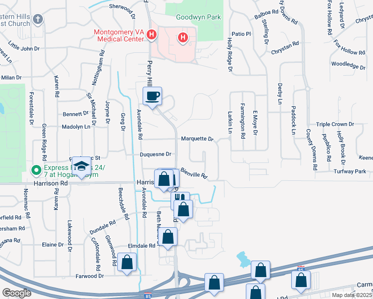 map of restaurants, bars, coffee shops, grocery stores, and more near 716 Duval Drive in Montgomery