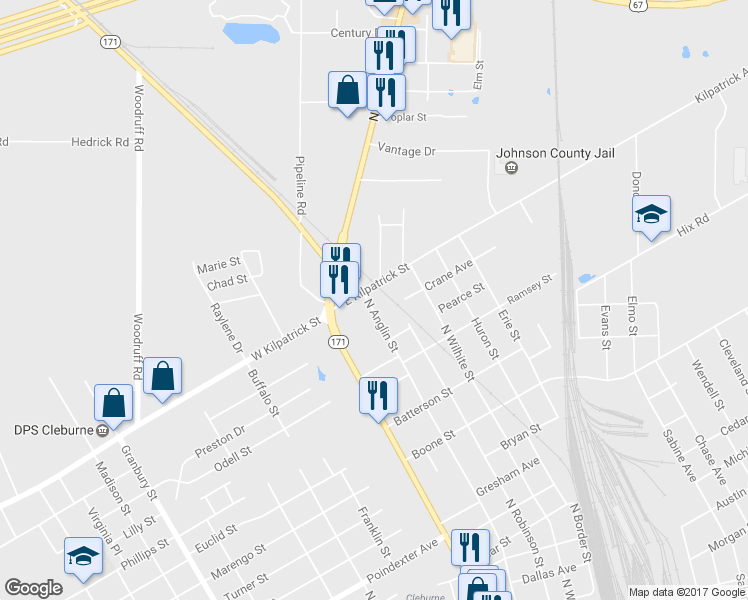 map of restaurants, bars, coffee shops, grocery stores, and more near 406 West Kilpatrick Street in Cleburne