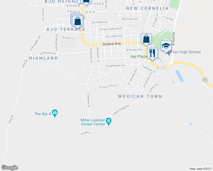 map of restaurants, bars, coffee shops, grocery stores, and more near 700 West Guest House Drive in Ajo
