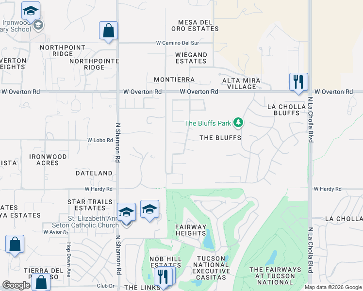 map of restaurants, bars, coffee shops, grocery stores, and more near 2639 West Desert Bluffs Court in Tucson