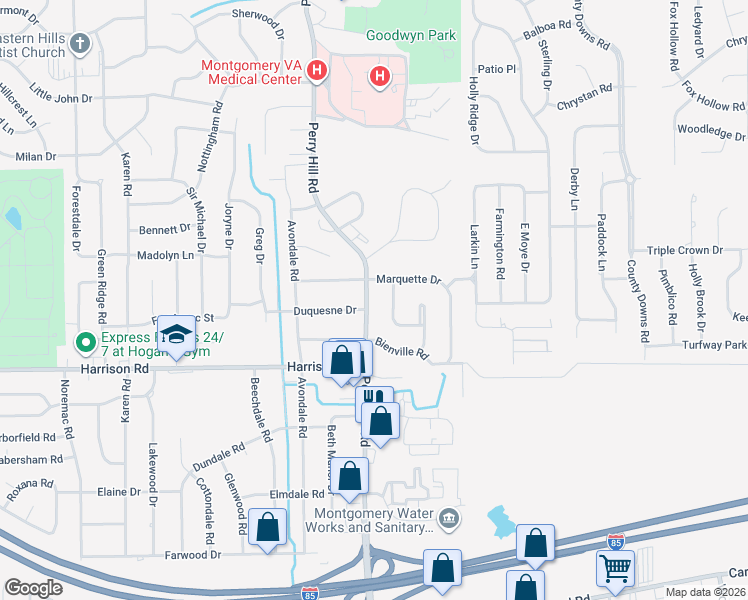 map of restaurants, bars, coffee shops, grocery stores, and more near 3902 Marquette Drive in Montgomery