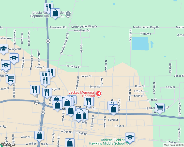 map of restaurants, bars, coffee shops, grocery stores, and more near 607 Wicker Street in Forest