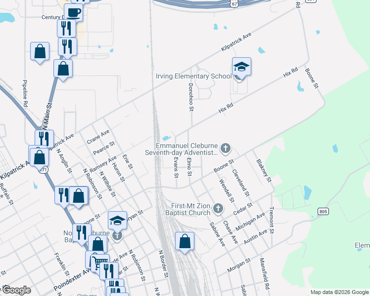 map of restaurants, bars, coffee shops, grocery stores, and more near 408 Elmo Street in Cleburne