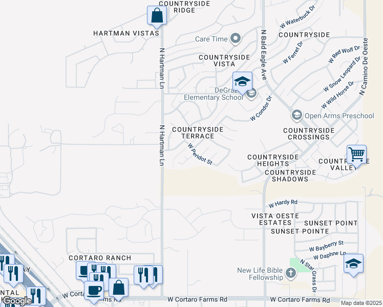 map of restaurants, bars, coffee shops, grocery stores, and more near 5277 West Peridot Street in Tucson