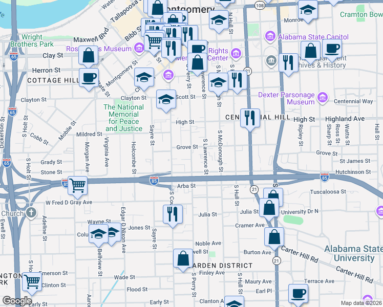 map of restaurants, bars, coffee shops, grocery stores, and more near 560 South Lawrence Street in Montgomery