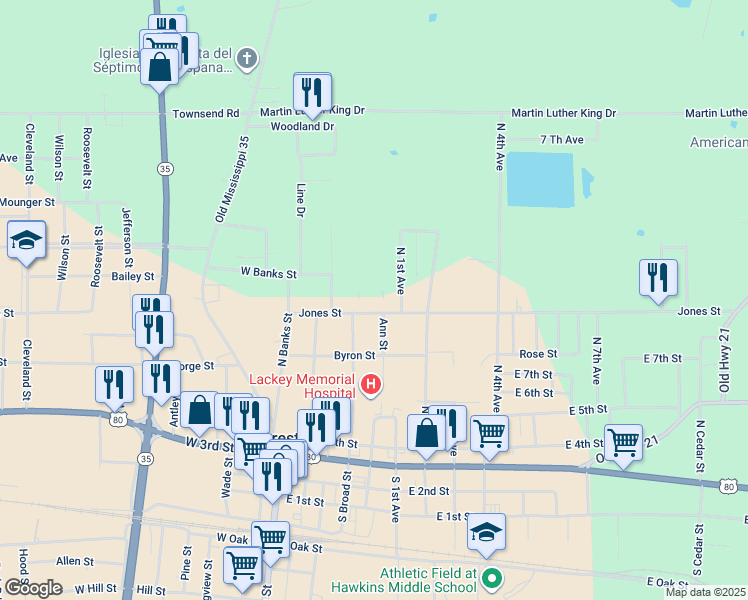 map of restaurants, bars, coffee shops, grocery stores, and more near 604 Wicker Street in Forest