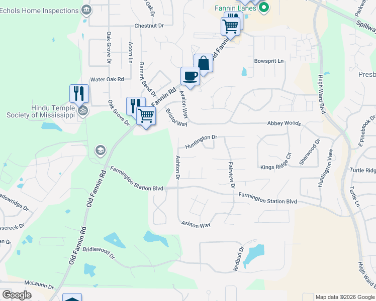 map of restaurants, bars, coffee shops, grocery stores, and more near 610 Huntington Drive in Brandon