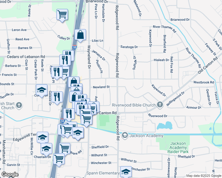 map of restaurants, bars, coffee shops, grocery stores, and more near 250 Pimlico Place in Jackson