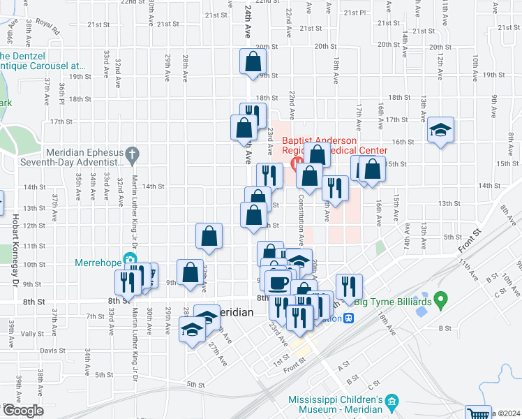 map of restaurants, bars, coffee shops, grocery stores, and more near 2303 13th Street in Meridian