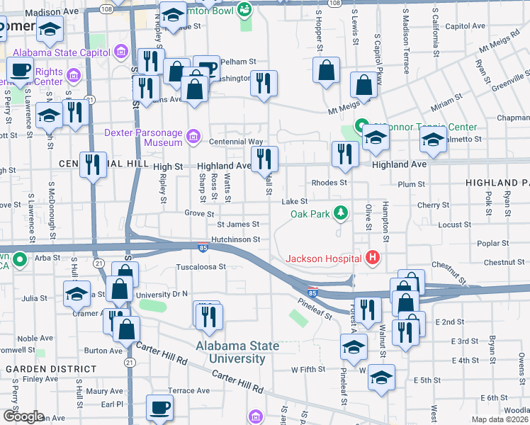 map of restaurants, bars, coffee shops, grocery stores, and more near 700 Hall Street in Montgomery
