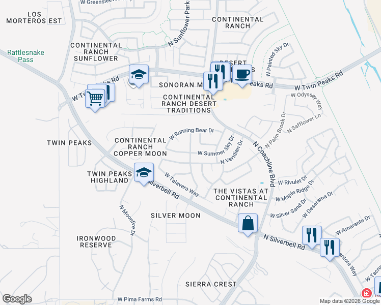 map of restaurants, bars, coffee shops, grocery stores, and more near 8995 N Silver Moon Way in Tucson