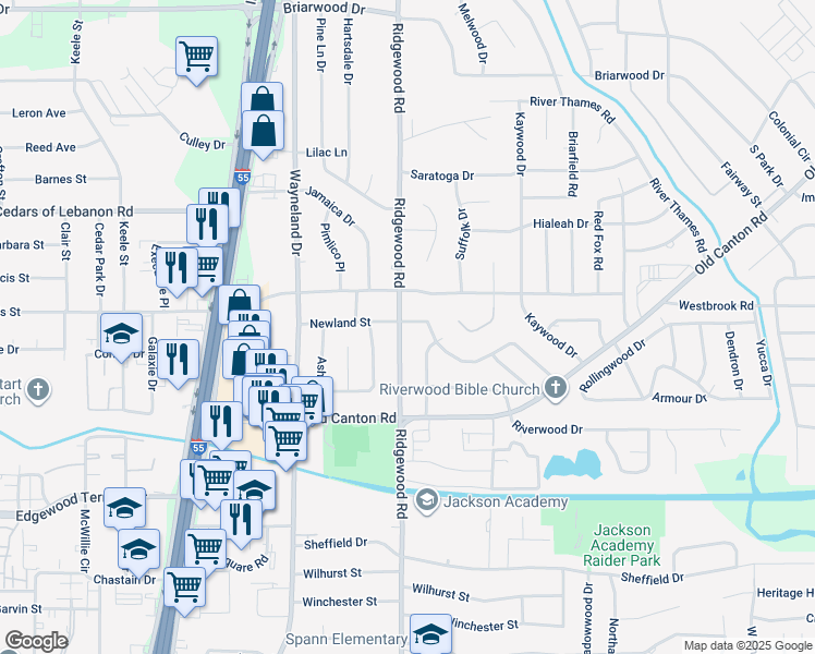 map of restaurants, bars, coffee shops, grocery stores, and more near 5170 Ridgewood Road in Jackson