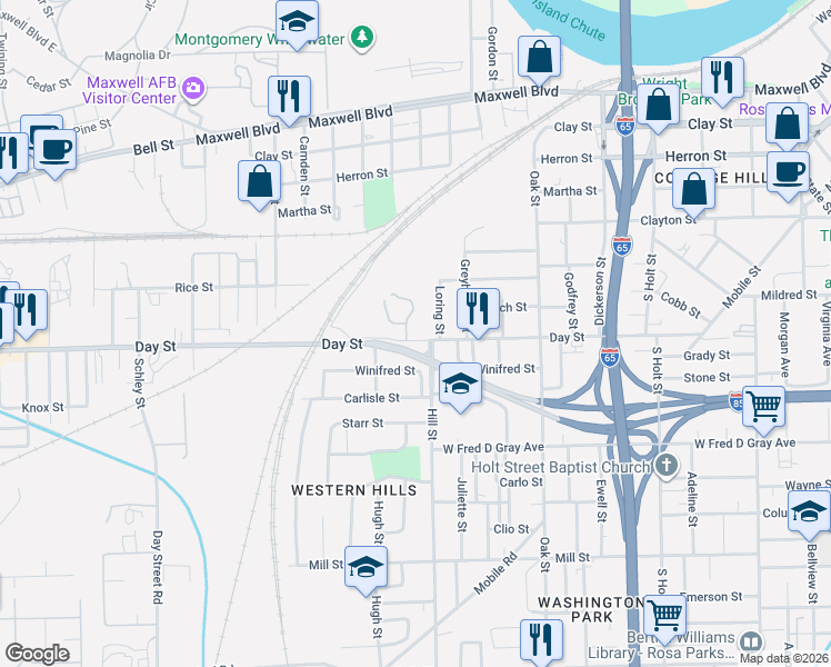 map of restaurants, bars, coffee shops, grocery stores, and more near 512 Loring Street in Montgomery