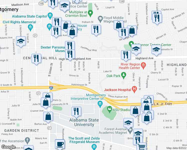 map of restaurants, bars, coffee shops, grocery stores, and more near 1225 Grove Street in Montgomery