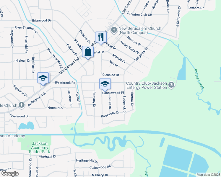 map of restaurants, bars, coffee shops, grocery stores, and more near 1616 Sandlewood Place in Jackson