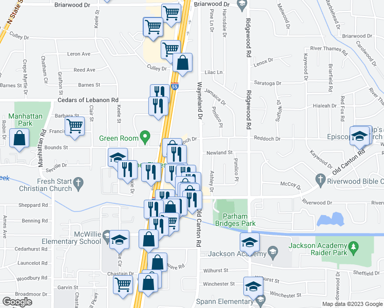 map of restaurants, bars, coffee shops, grocery stores, and more near 5260 Interstate 55 in Jackson