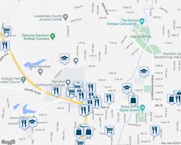 map of restaurants, bars, coffee shops, grocery stores, and more near 4901 14th Street in Meridian