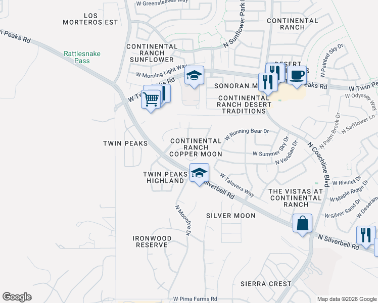 map of restaurants, bars, coffee shops, grocery stores, and more near 7894 West School Hill Place in Tucson