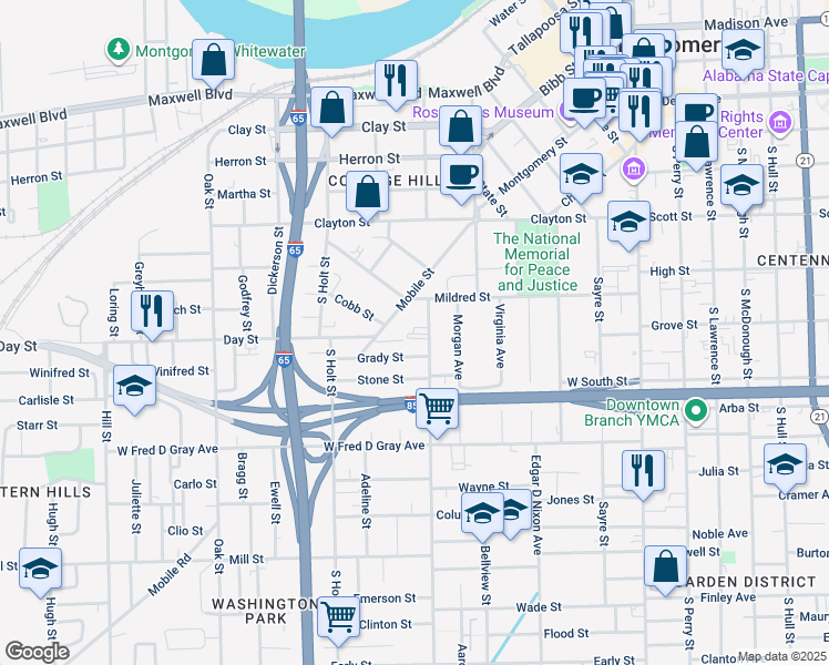 map of restaurants, bars, coffee shops, grocery stores, and more near 534 Rosa L Parks Avenue in Montgomery