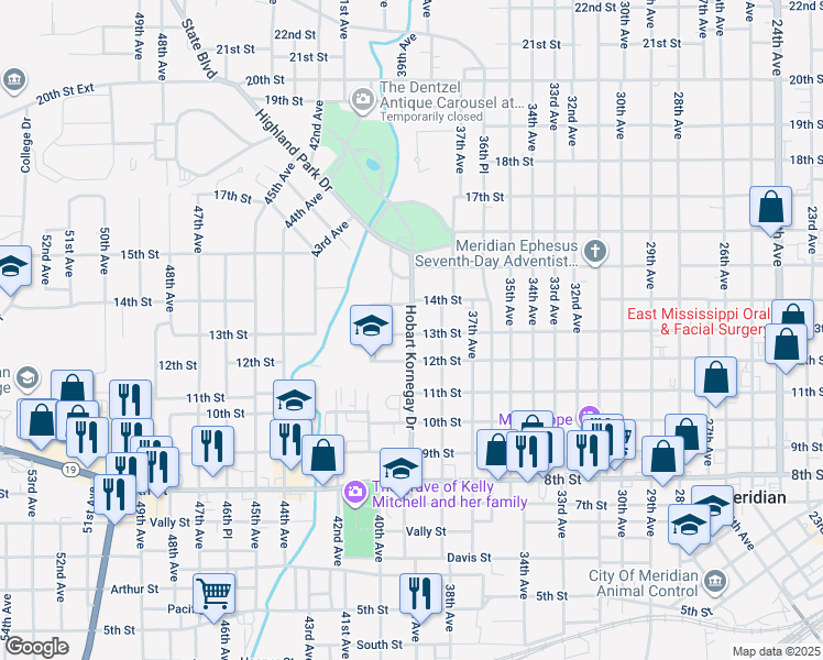 map of restaurants, bars, coffee shops, grocery stores, and more near 1301 Hobart Kornegay Drive in Meridian