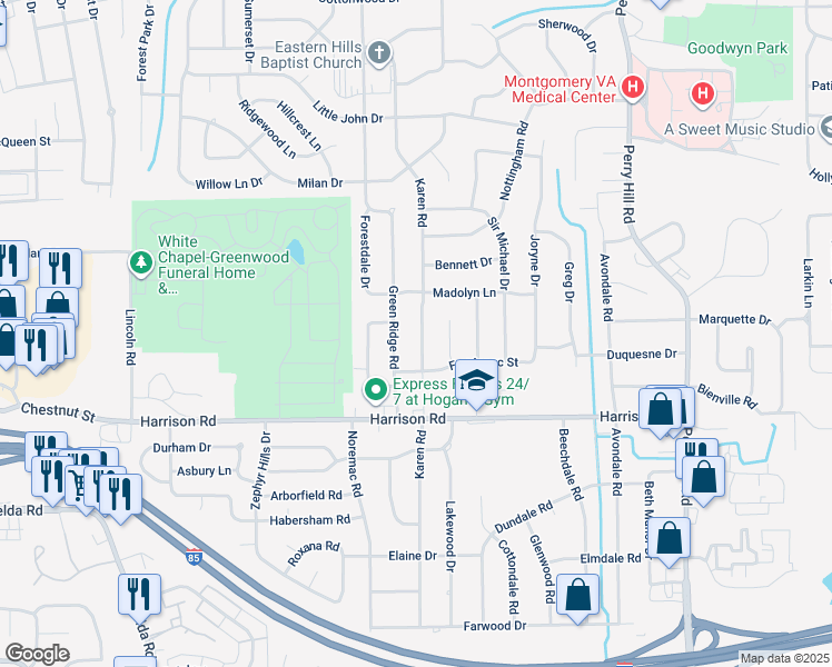 map of restaurants, bars, coffee shops, grocery stores, and more near 908 Karen Road in Montgomery
