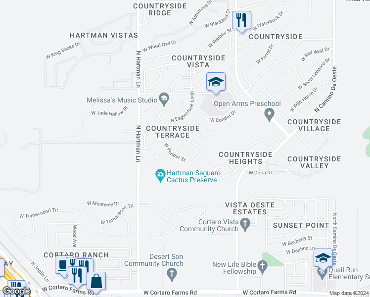 map of restaurants, bars, coffee shops, grocery stores, and more near 8984 Agate Place in Tucson