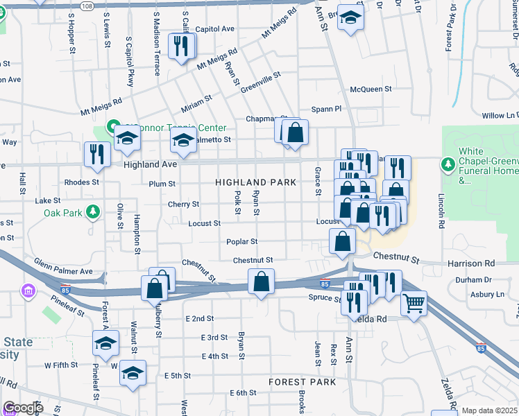 map of restaurants, bars, coffee shops, grocery stores, and more near 2404 Cherry Street in Montgomery