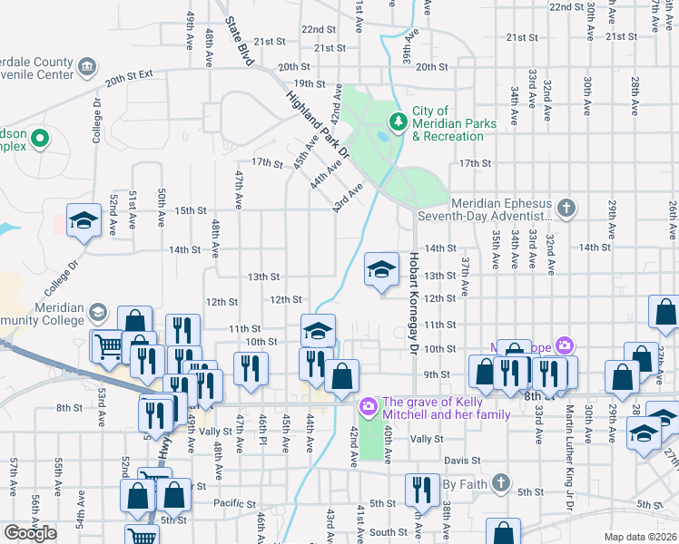 map of restaurants, bars, coffee shops, grocery stores, and more near 1304 43rd Avenue in Meridian