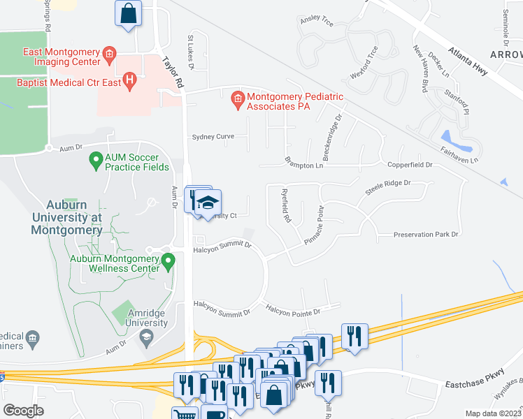 map of restaurants, bars, coffee shops, grocery stores, and more near 860 Autumn Ridge Road in Montgomery
