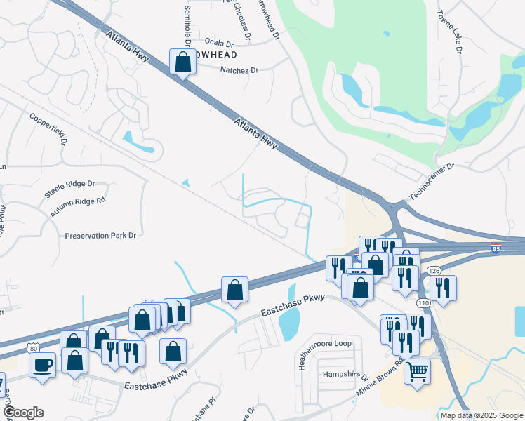 map of restaurants, bars, coffee shops, grocery stores, and more near 8955 Crosswind Circle in Montgomery