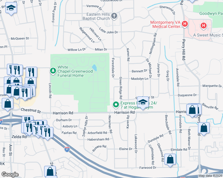 map of restaurants, bars, coffee shops, grocery stores, and more near 920 Green Ridge Court in Montgomery