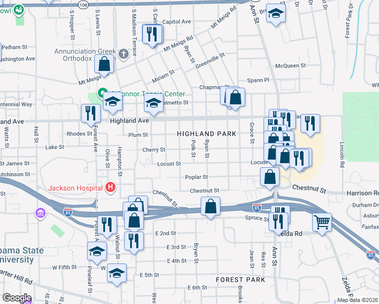 map of restaurants, bars, coffee shops, grocery stores, and more near 2218 Cherry Street in Montgomery
