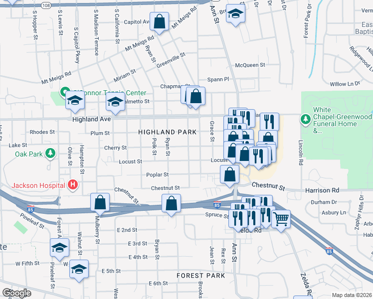 map of restaurants, bars, coffee shops, grocery stores, and more near 2442 Cherry Street in Montgomery