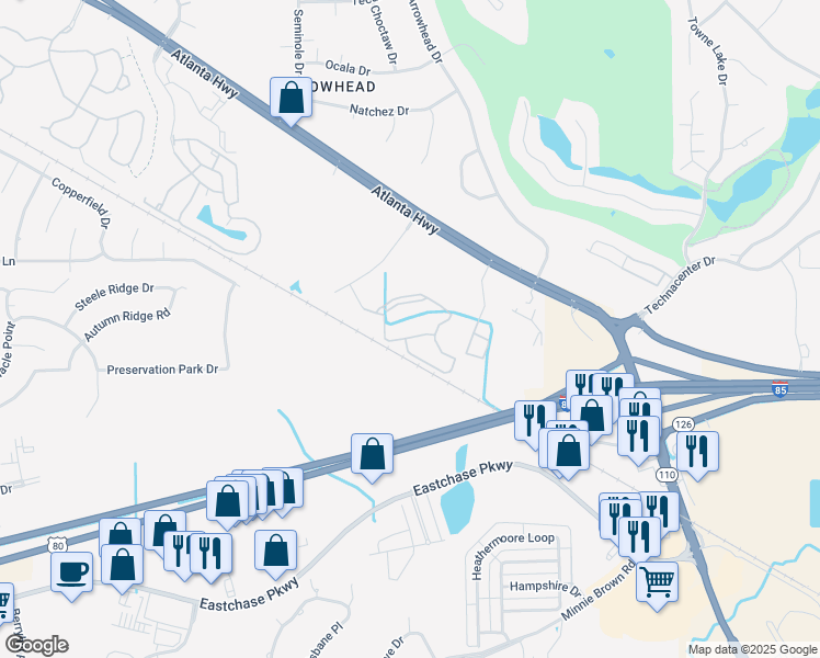 map of restaurants, bars, coffee shops, grocery stores, and more near 8955 Crosswind Circle in Montgomery
