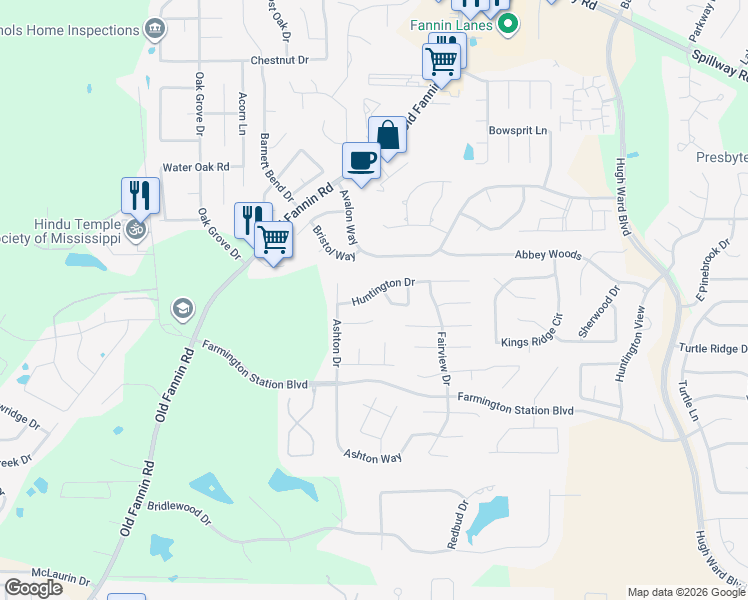 map of restaurants, bars, coffee shops, grocery stores, and more near 610 Huntington Drive in Brandon