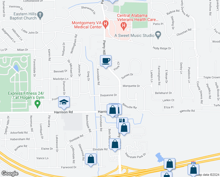 map of restaurants, bars, coffee shops, grocery stores, and more near 3834 Marquette Drive in Montgomery