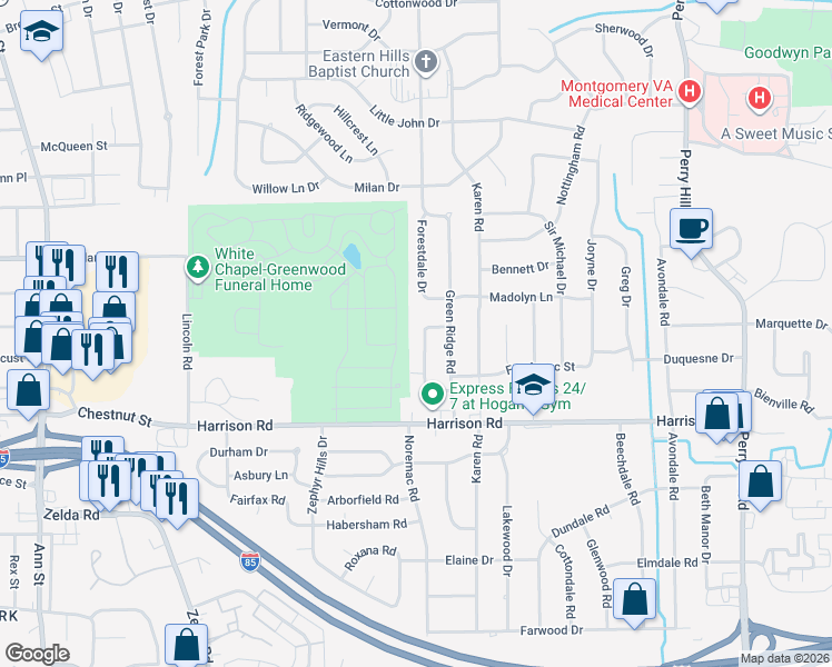 map of restaurants, bars, coffee shops, grocery stores, and more near 920 Green Ridge Court in Montgomery