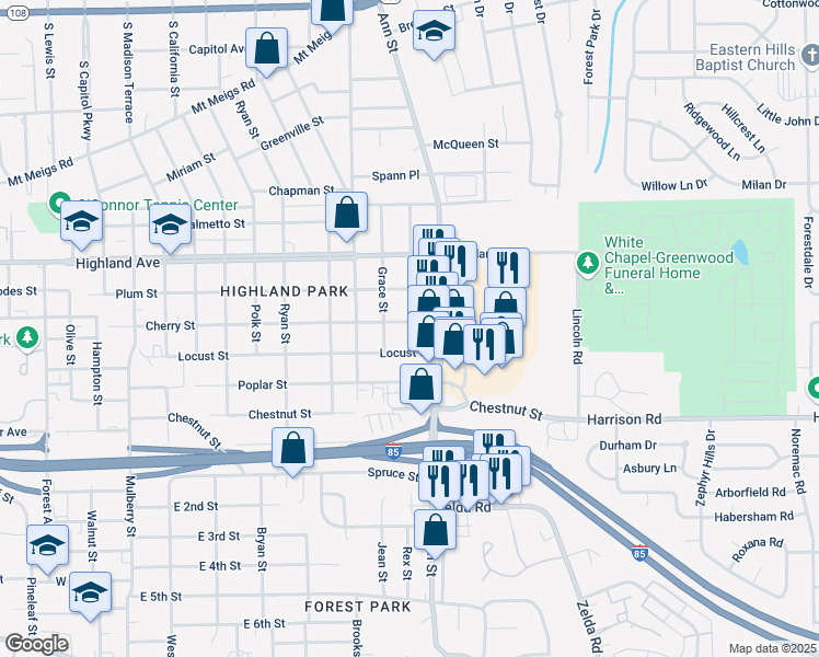 map of restaurants, bars, coffee shops, grocery stores, and more near 2732 Cherry Street in Montgomery