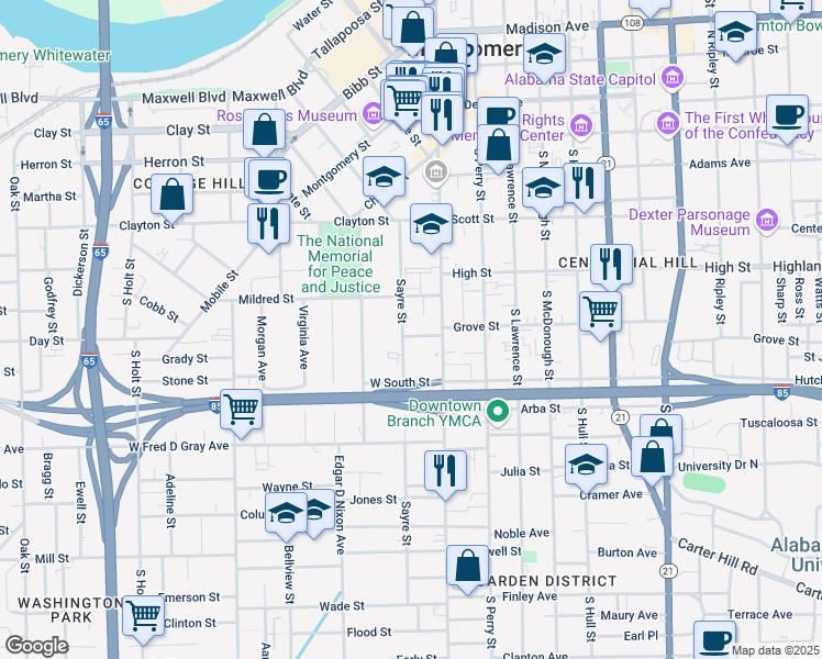 map of restaurants, bars, coffee shops, grocery stores, and more near 34 Wilson Street in Montgomery