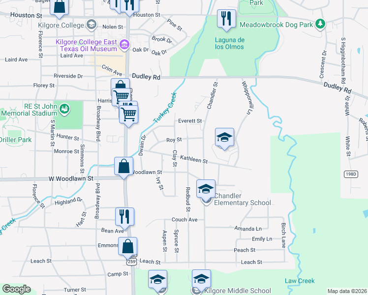 map of restaurants, bars, coffee shops, grocery stores, and more near 2206 Clay Street in Kilgore