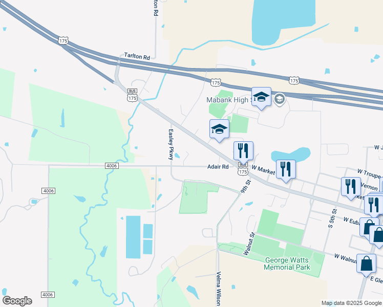 map of restaurants, bars, coffee shops, grocery stores, and more near 113 Carly Lane in Mabank