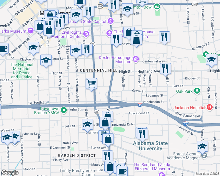 map of restaurants, bars, coffee shops, grocery stores, and more near 632 South Union Street in Montgomery