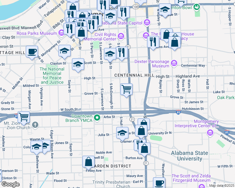 map of restaurants, bars, coffee shops, grocery stores, and more near 602 South Hull Street in Montgomery