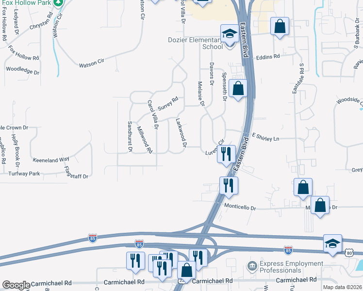 map of restaurants, bars, coffee shops, grocery stores, and more near 542 Larkwood Drive in Montgomery