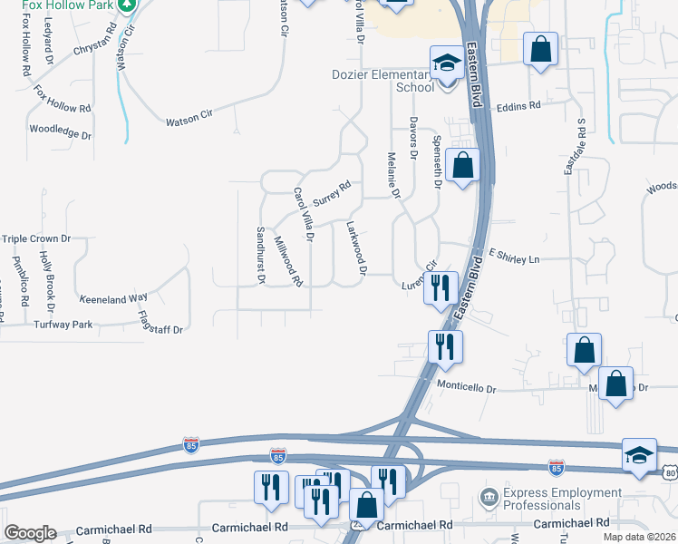map of restaurants, bars, coffee shops, grocery stores, and more near 542 Larkwood Drive in Montgomery