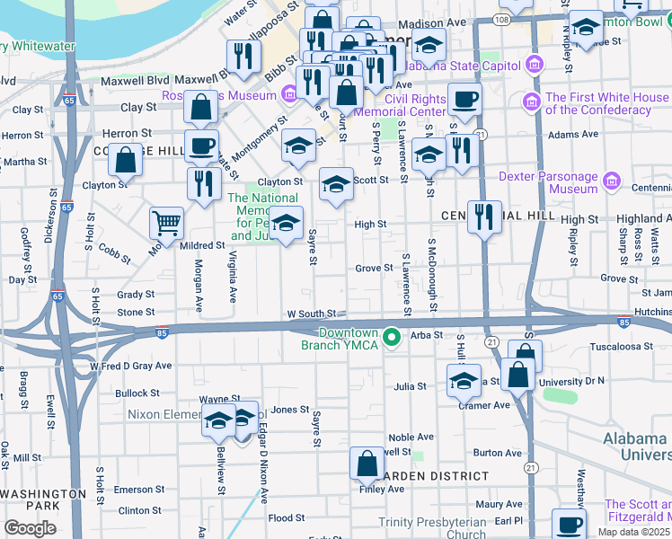 map of restaurants, bars, coffee shops, grocery stores, and more near 34 Wilson Street in Montgomery