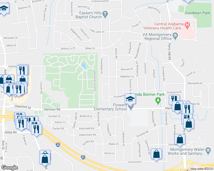 map of restaurants, bars, coffee shops, grocery stores, and more near 904 Green Ridge Road in Montgomery