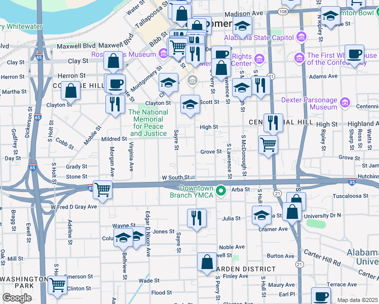 map of restaurants, bars, coffee shops, grocery stores, and more near 34 Wilson Street in Montgomery