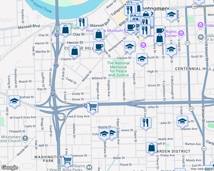 map of restaurants, bars, coffee shops, grocery stores, and more near 522 Virginia Avenue in Montgomery