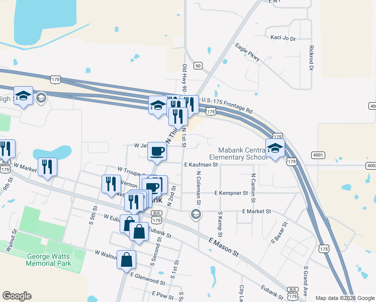 map of restaurants, bars, coffee shops, grocery stores, and more near 410 N 1st St in Mabank